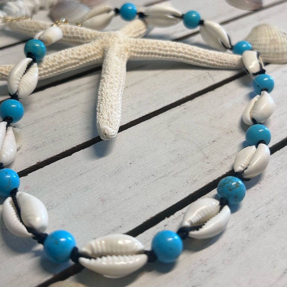 Turquoise and Cowrie Shell Hand Crafted Choker